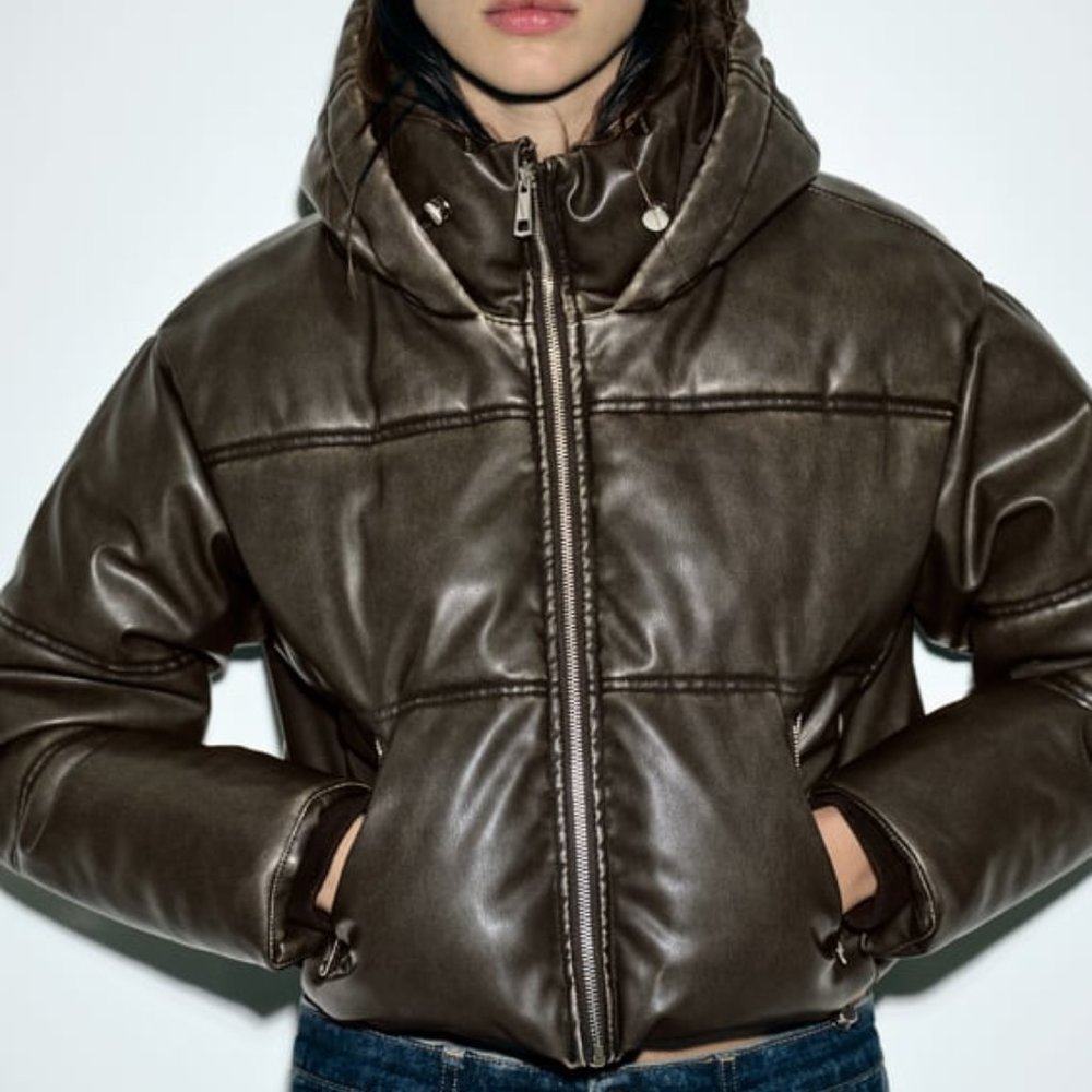 NWT ZARA FAUX LEATHER CROPPED PUFFER ANORAK  L